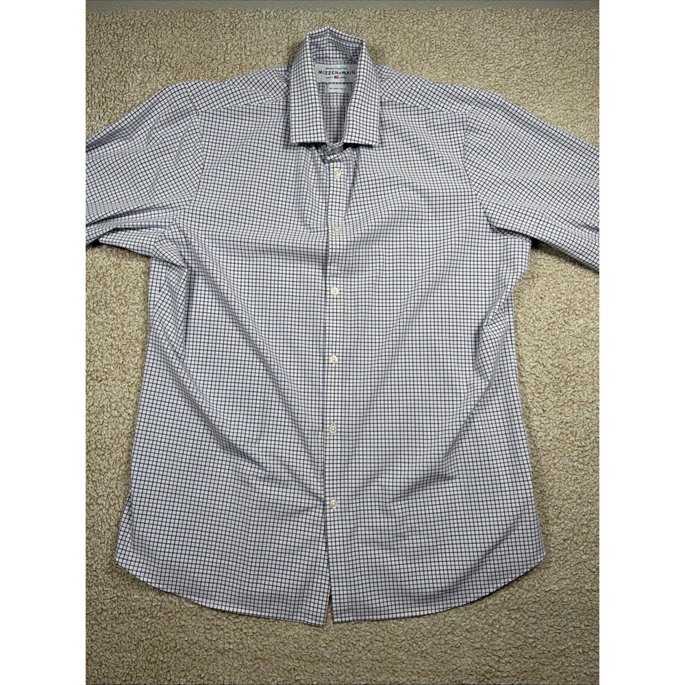 Mizzen Main XXL Trim Fit Long Sleeve Button Up Blue White Check Stretch USA